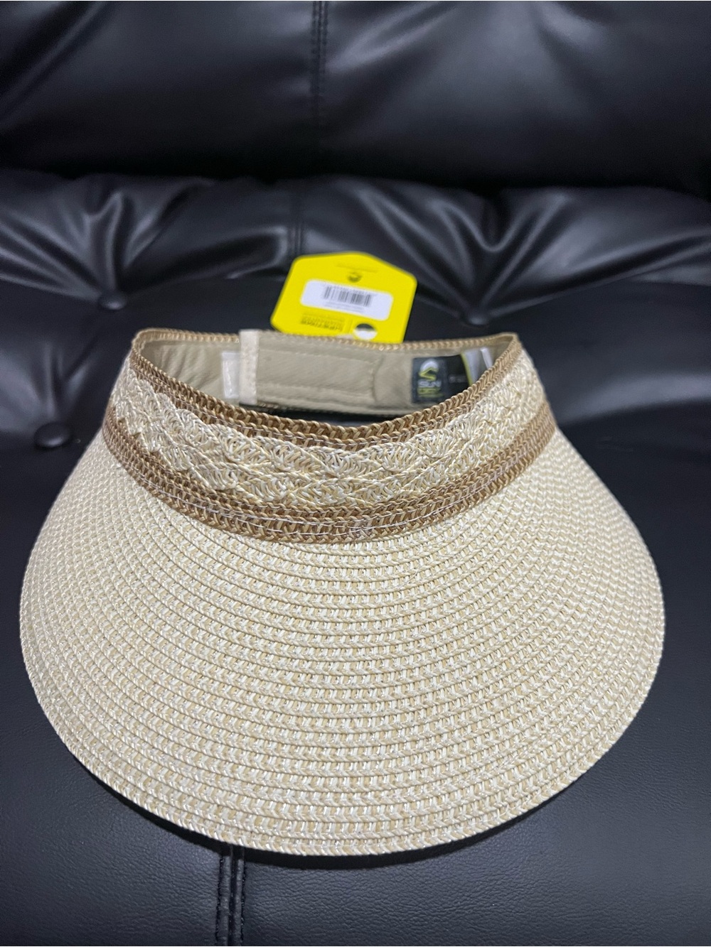 Beige Straw Sun Visor with Brown Trim - Classic Summer Visor